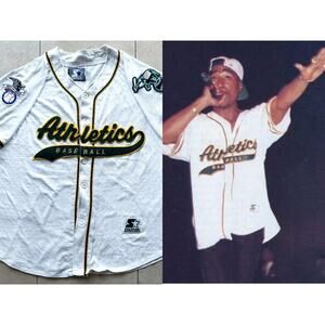 Oakland A's TUPAC 90s STARTER jersey L white Script Athletics MLB baseball vtg